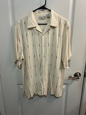 Bobby Chan Silk Bamboo Shirt Men’s M Cream Striped Button Up Camp Collar Vintage